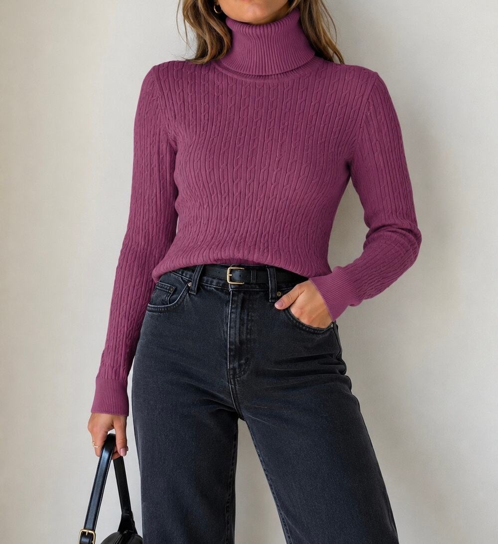Talbots Pima Cotton Cable Knit Turtleneck Sweater in Mauve Pink Size Large